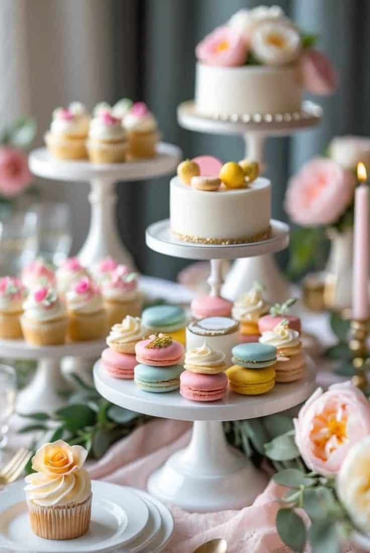 A dessert table with cupcakes, macarons, and small cakes decorated with pastel colors and flowers, arranged on white stands with floral accents in the background.