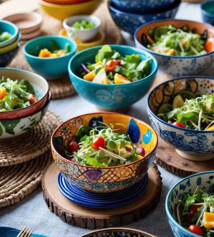 A table set with colorful bowls filled with fresh salads, featuring greens, tomatoes, and vegetables, arranged on woven placemats.