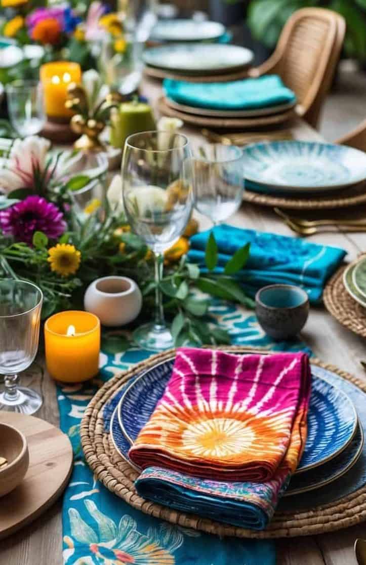 A colorful table setting with woven placemats, blue-patterned plates, tie-dye napkins, glassware, candles, and flower arrangements on a wooden table.