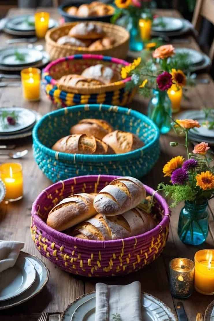 A wooden table set for a meal with baskets of assorted bread, plates, napkins, candles, and vases of colorful flowers.