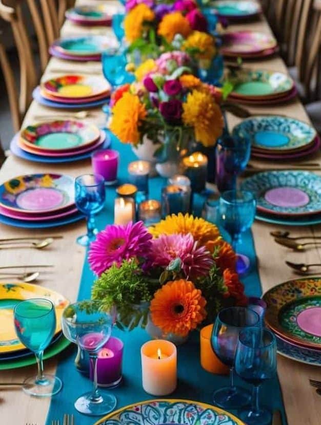 A long wooden table set with colorful plates, gold cutlery, blue glasses, vibrant floral centerpieces, and lit candles, arranged for a festive gathering.