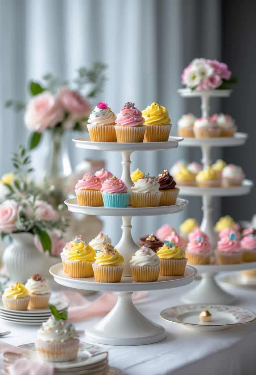 Tiered cake stands filled with assorted colorful cupcakes arranged on a dessert table.