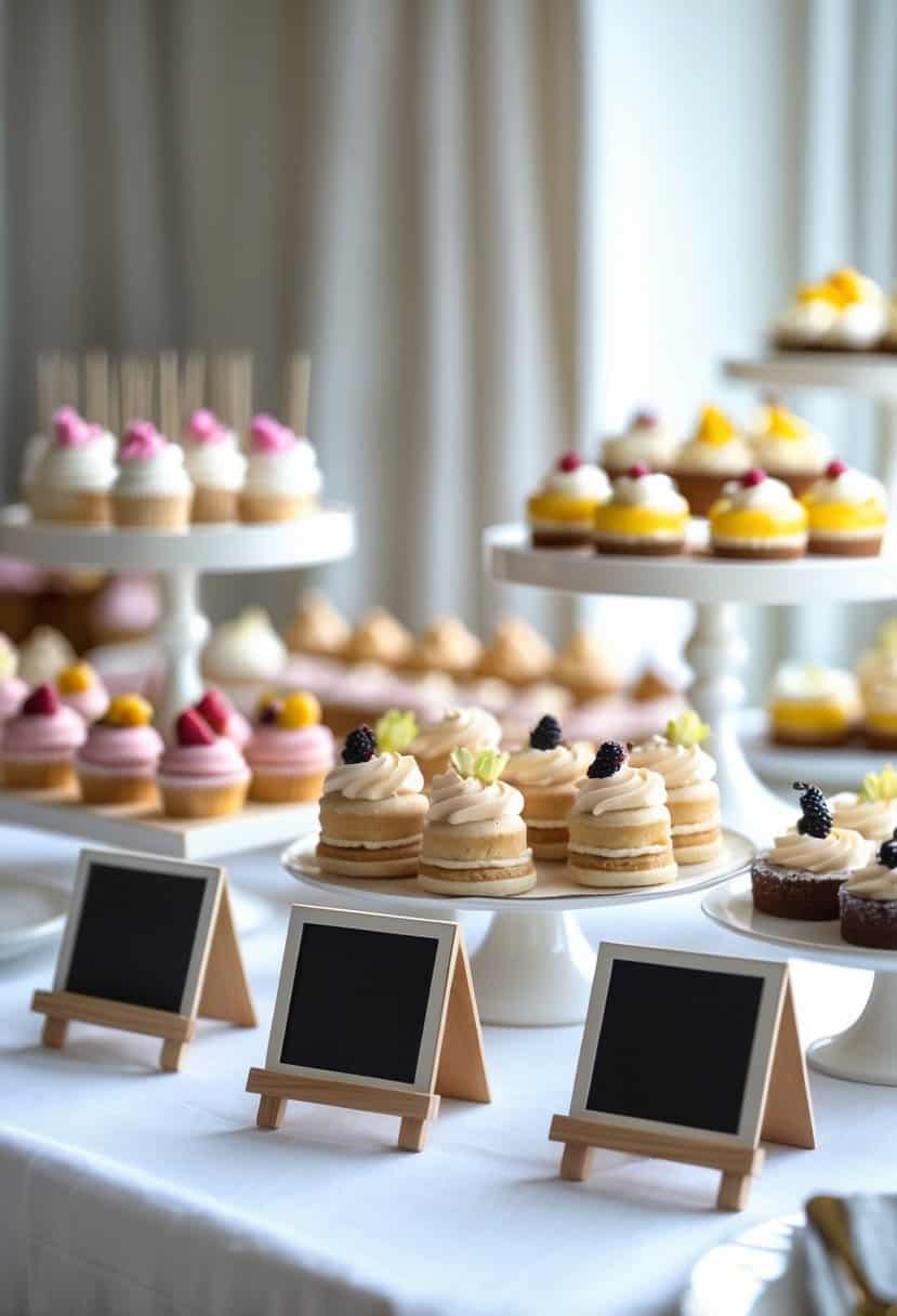 A dessert table with various desserts and small blank mini chalkboard labels placed in front of each dessert.