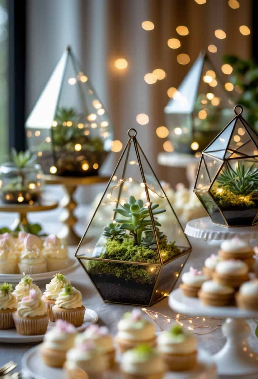 A dessert table decorated with geometric glass terrariums containing plants and fairy lights, surrounded by various desserts like cupcakes and macarons.
