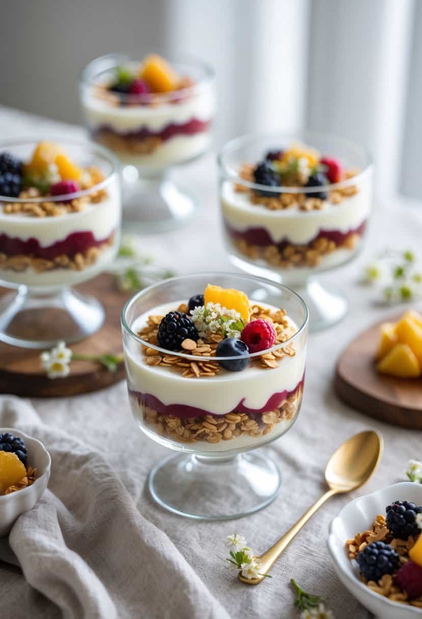 A table with several glass bowls filled with layered parfait desserts arranged neatly with fresh berries and granola.