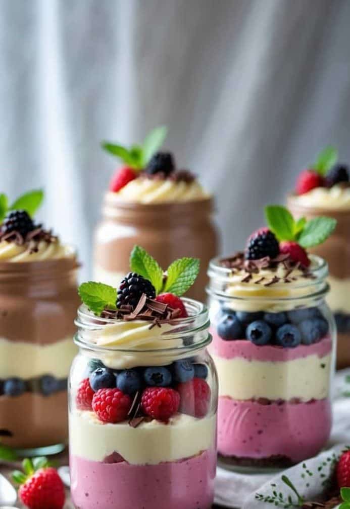 Five glass jars filled with layered chocolate and berry parfaits, topped with fresh berries, chocolate shavings, and mint leaves, are arranged on a rustic wooden table.