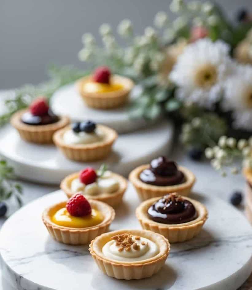Mini tarts with assorted toppings, including berries and chocolate, are arranged on round marble trays with flowers in the background.