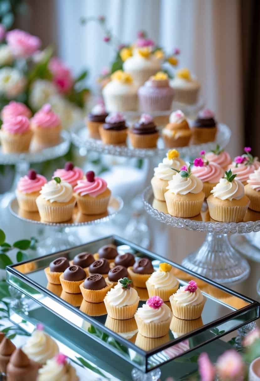 A dessert table with a variety of colorful cupcakes, pastries, chocolates, and tarts arranged on mirrored trays reflecting the desserts.