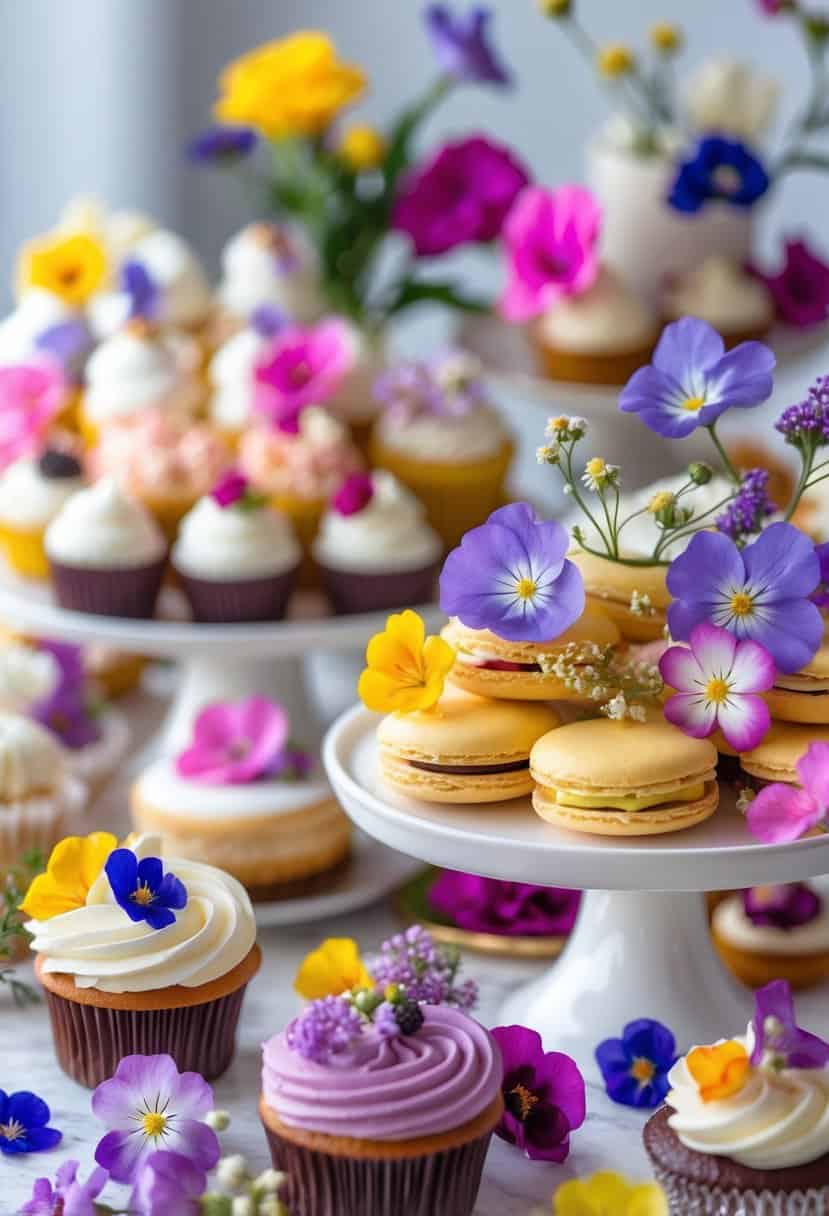 A dessert table with various sweets decorated with colorful edible flowers scattered on top.