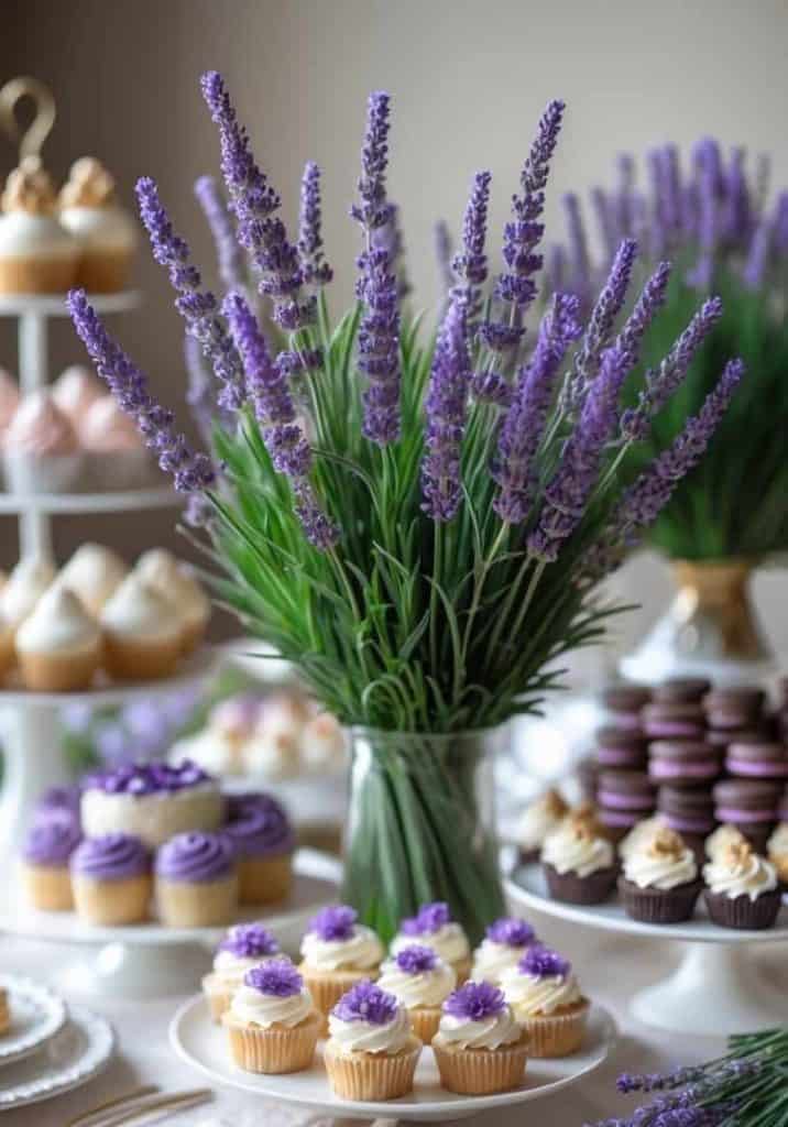 A table displays cupcakes with purple frosting, a vase of fresh lavender, and assorted desserts arranged on tiered stands and white plates.