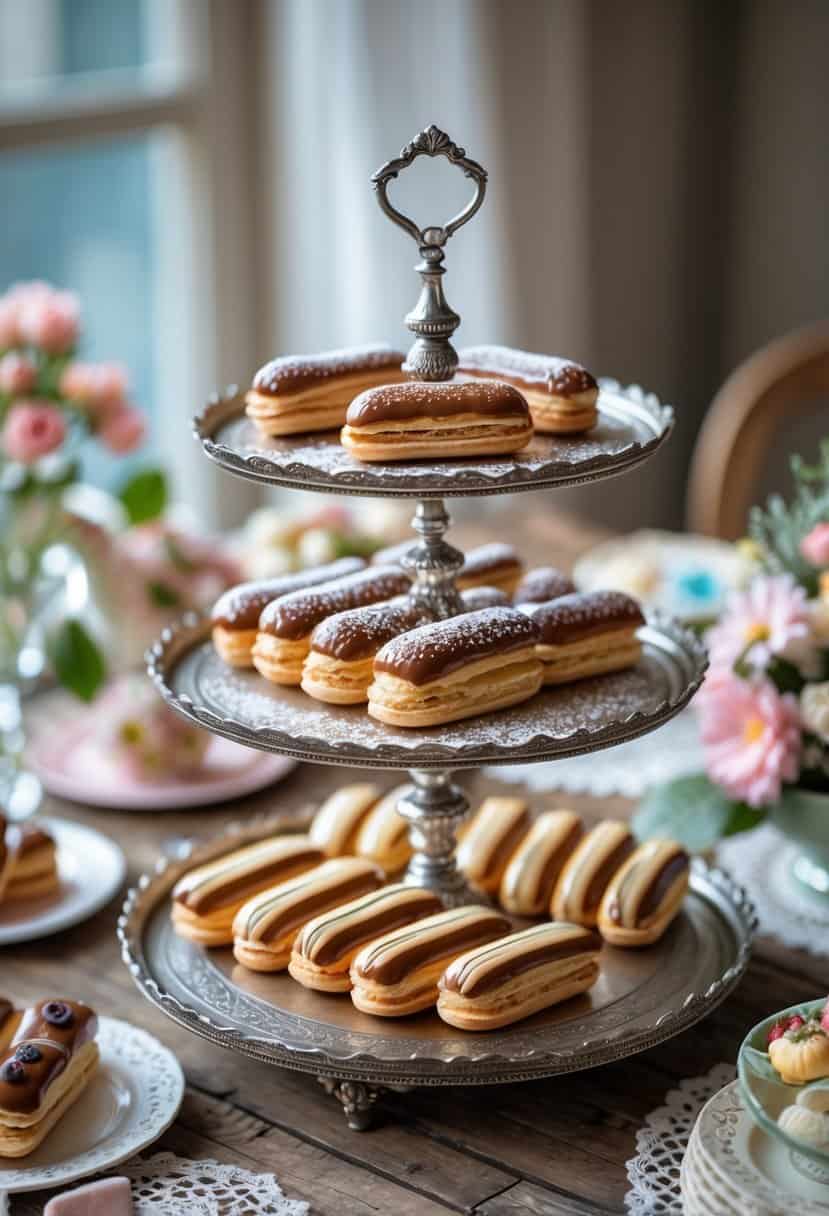 Mini eclairs arranged on vintage tiered trays on a dessert table with decorative flowers and tableware.