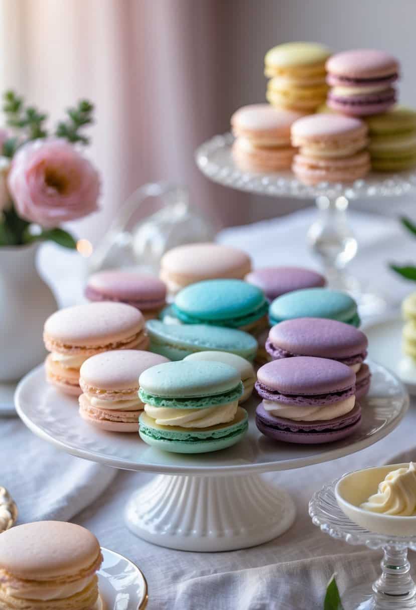 An assortment of colorful macarons arranged in a gradient on a dessert table with decorative flowers and elegant serving dishes.