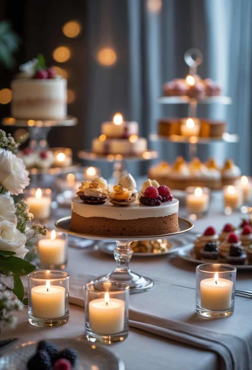 A dessert table with multiple low glass votive candles lit around various cakes and pastries.