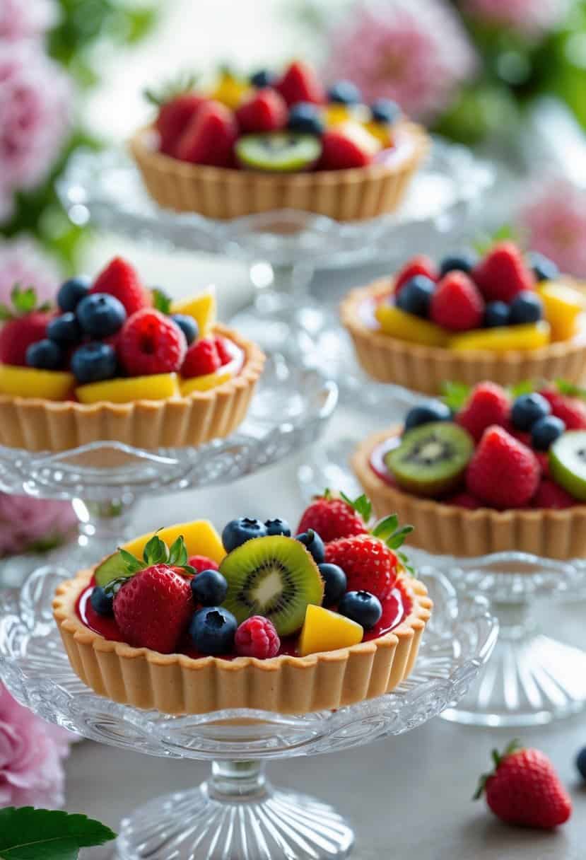 A table with crystal dishes holding colorful fruit tartlets topped with strawberries, blueberries, kiwi, and raspberries.