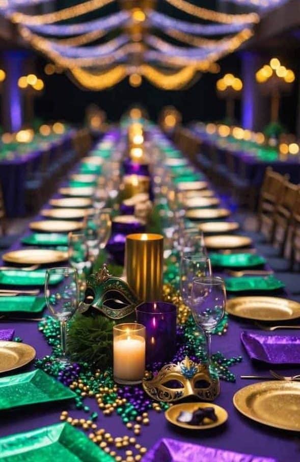 Long banquet table set for a Mardi Gras-themed event with gold, green, and purple decorations, beaded necklaces, candles, and masquerade masks, beneath string lights in a festive hall.