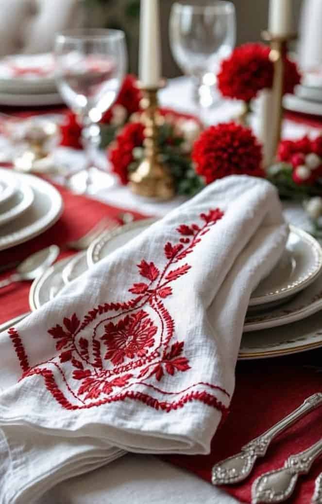 A formal dining table set with white plates, glasses, candles, red floral decorations, and a white napkin embroidered with a red floral pattern.