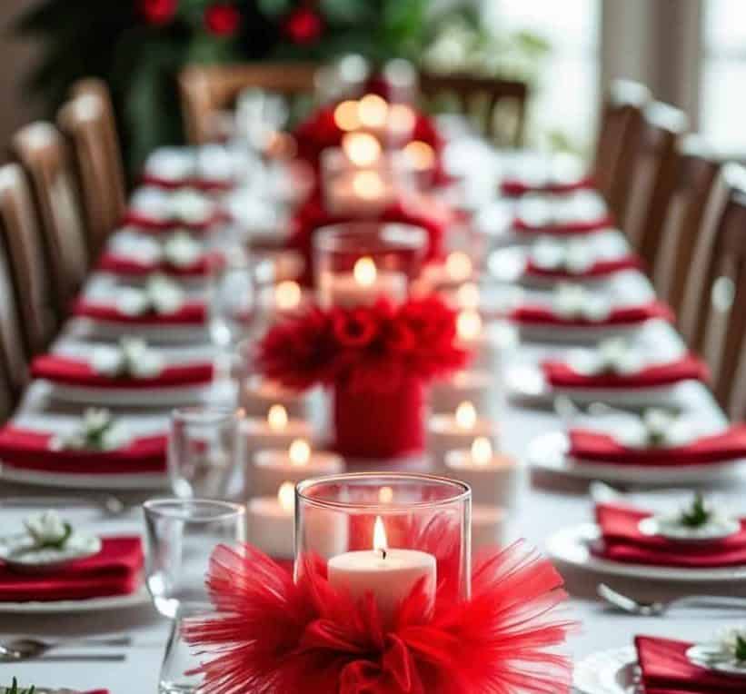 A long dining table set with white plates, red napkins, glassware, and multiple lit candles, including large red ribbons around central candles.