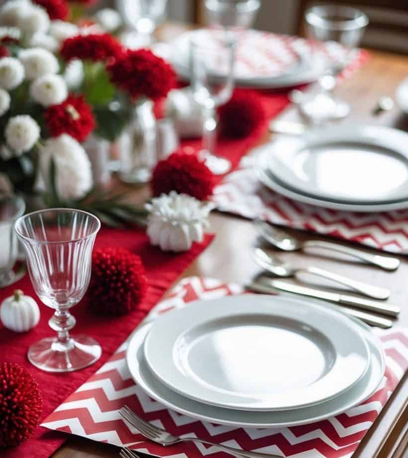 A dining table set with white plates, silverware, glassware, and red-and-white chevron placemats, decorated with red and white flowers.