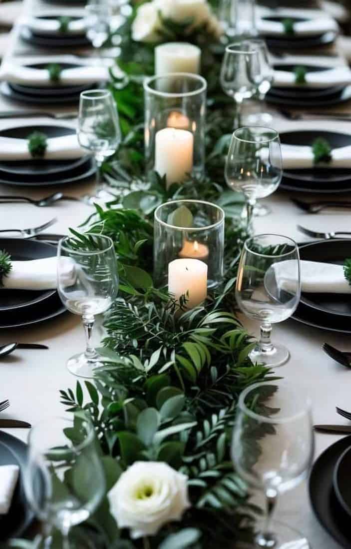A formal dining table set with black plates, white napkins, glassware, green foliage, white flowers, and lit candles arranged along the center.