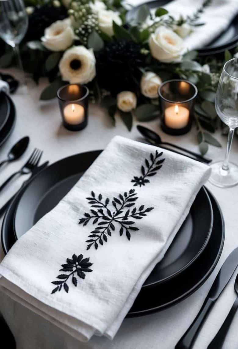 A black plate with a white napkin embroidered with black leaves is set on a table, surrounded by flowers, candles, and glassware for an elegant dining setup.