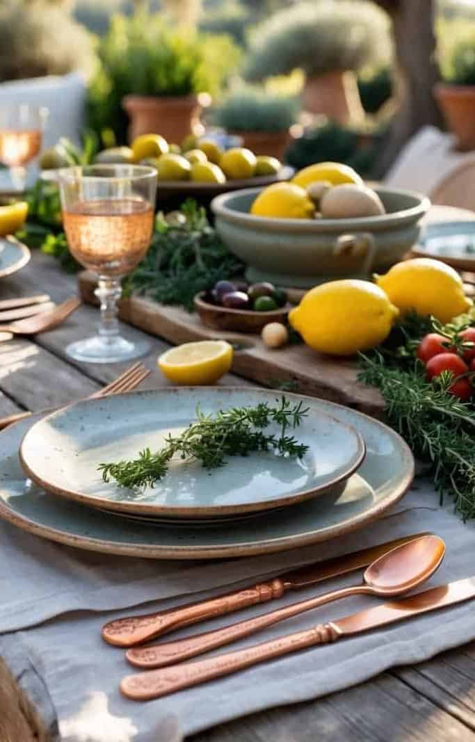 A rustic outdoor table setting with ceramic plates, copper cutlery, a sprig of herbs on each plate, and bowls of lemons and olives, surrounded by greenery.