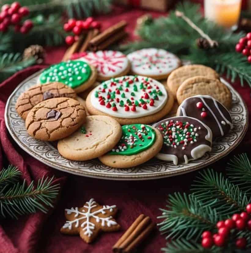 A plate of assorted decorated Christmas cookies sits on a red tablecloth, surrounded by pine branches, gifts, a lit candle, and a Christmas tree in the background.