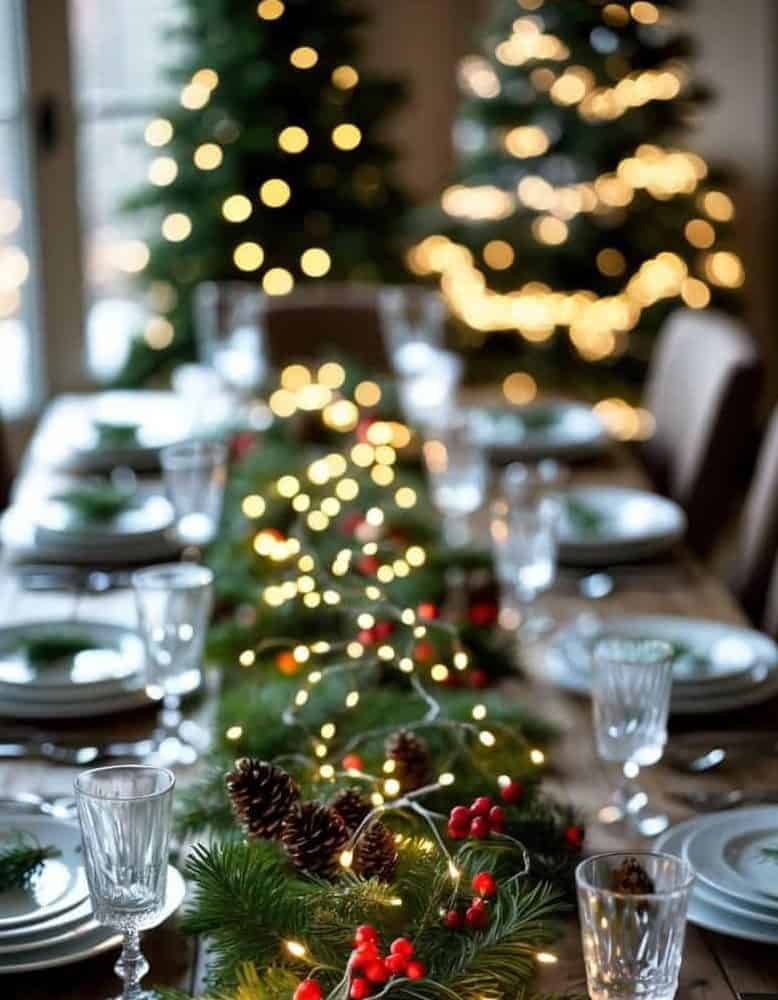 A dining table set for a holiday meal with pine garland, berries, candles, and string lights, with decorated Christmas trees in the background.