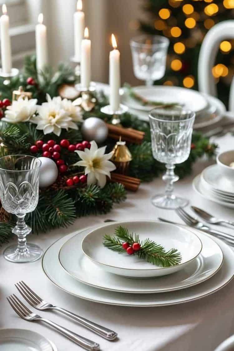 A formal holiday table setting with white dishes, crystal glasses, silverware, and festive greenery centerpiece with candles and ornaments.
