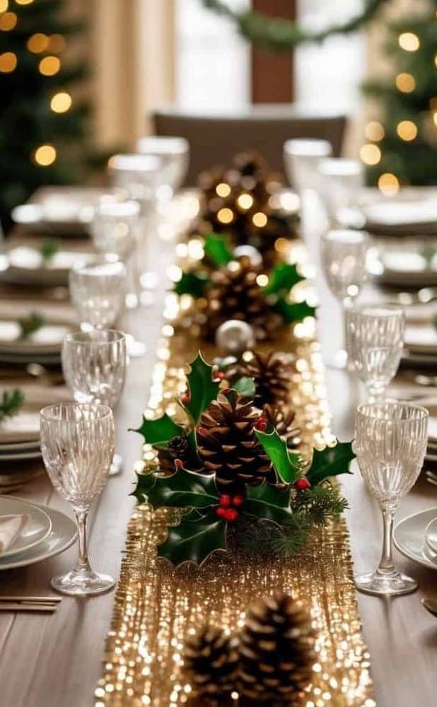A festive dining table is set with crystal glasses, white plates, pinecone and holly centerpieces, and a gold sequin table runner, with blurred Christmas lights in the background.