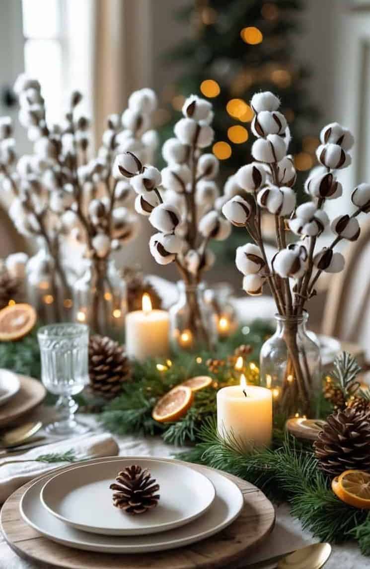 A festive table setting with white plates, pinecones, cotton stems in vases, candles, evergreen branches, and dried orange slices, with a blurred Christmas tree in the background.
