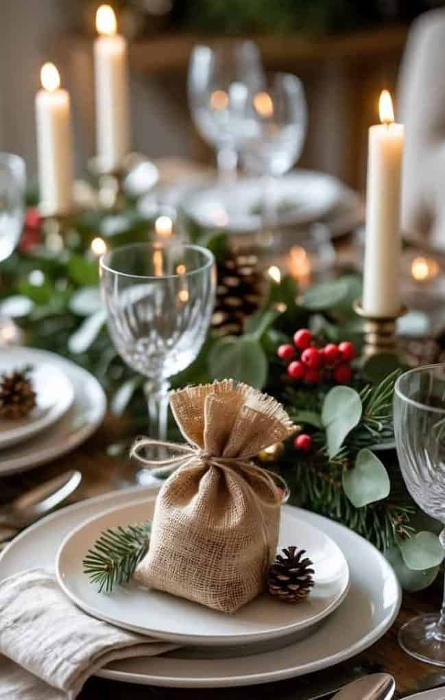 A festive dining table set with white plates, silver cutlery, candles, greenery, red berries, pinecones, and small burlap gift bags at each place setting.