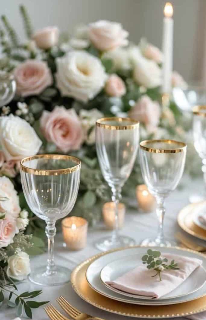 A formal table setting with gold-rimmed glasses, gold cutlery, white plates, blush pink napkins, and floral arrangements of white and pink roses. Lit candles are in the background.