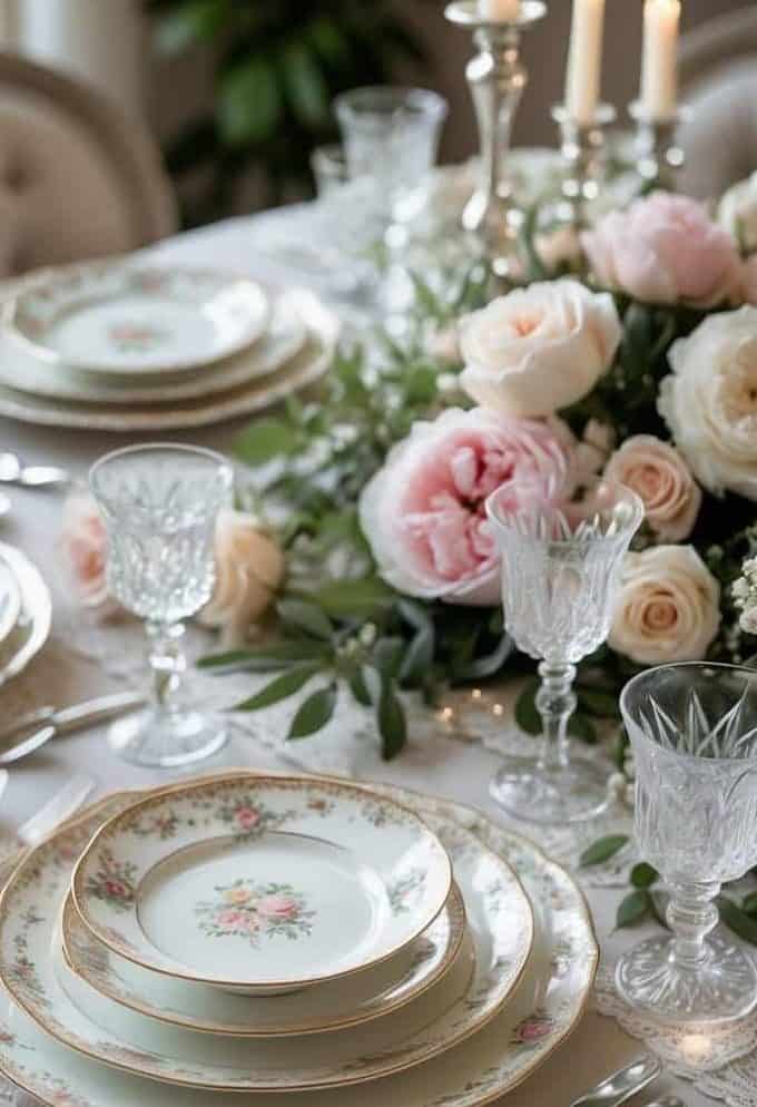 A formal dining table set with floral china, crystal glasses, silver cutlery, lace tablecloth, and a centerpiece of pink and white flowers with greenery.