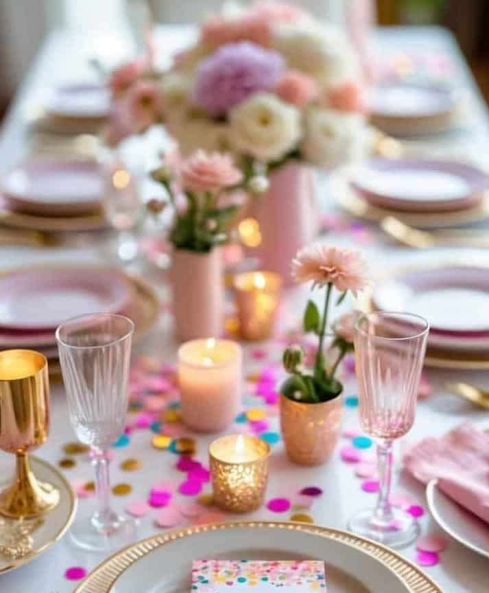 A decorated table set for a party with gold-rimmed plates, pink and gold confetti, candles, flowers, and printed menus on each plate.