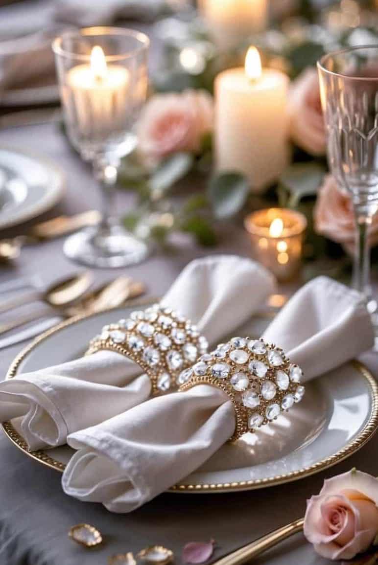 Elegant table setting with white napkins in jeweled rings on plates, gold cutlery, candles, and pink roses arranged as decoration.