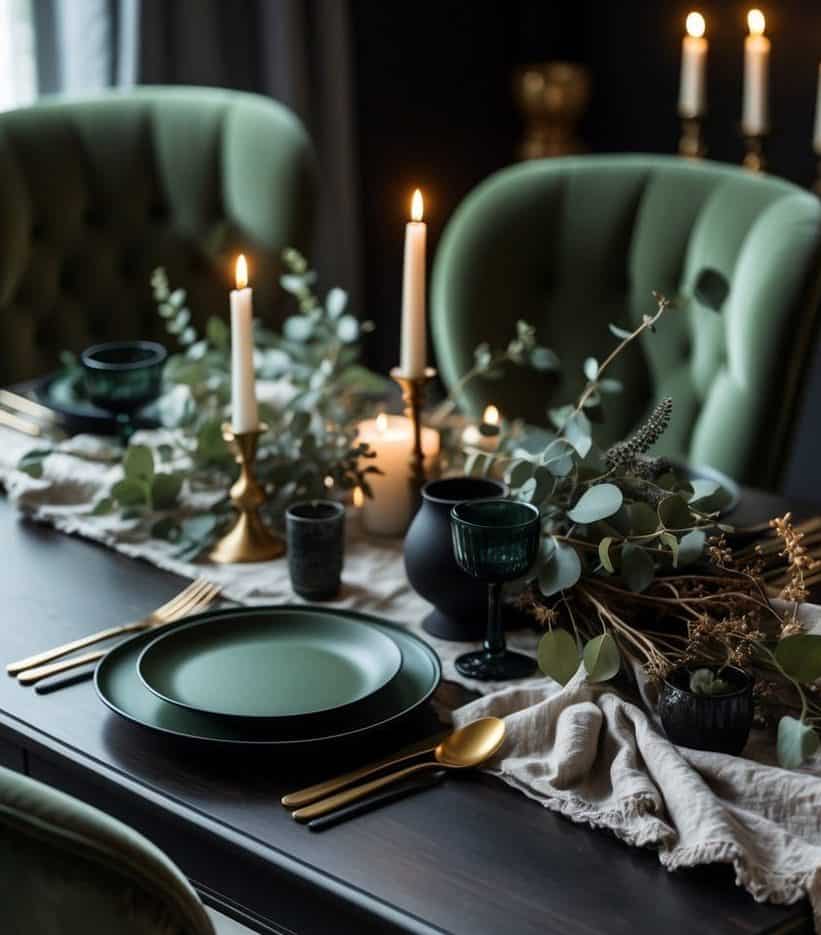 A dark wooden dining table set with green plates, gold cutlery, candles, dark glassware, and green foliage centerpieces, surrounded by green upholstered chairs.