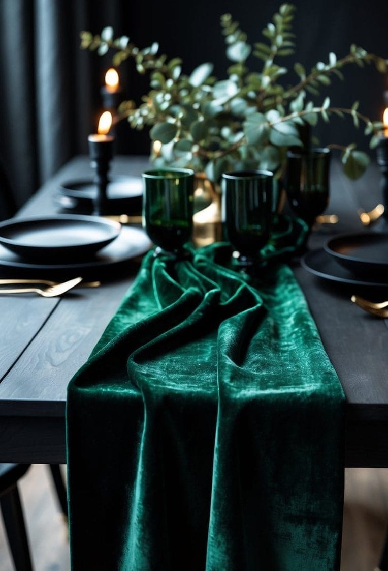 A dark wooden dining table set with black plates, green glassware, gold utensils, a green velvet table runner, candles, and a leafy centerpiece.