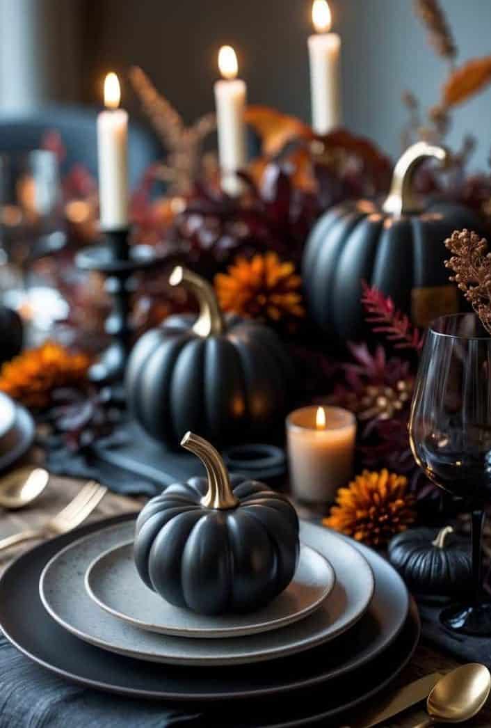 A table is set with black plates, gold cutlery, black pumpkins, candles, and autumn flowers, creating an elegant fall-themed dining arrangement.