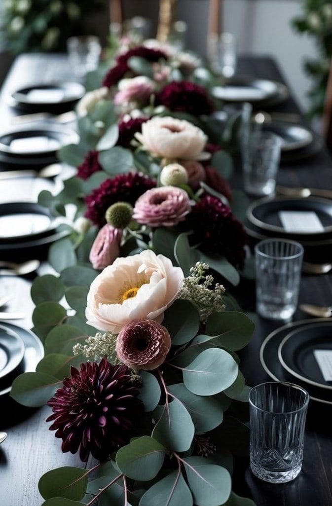 A long dining table set with black plates and glassware, featuring a centerpiece of mixed flowers and greenery running down the middle.