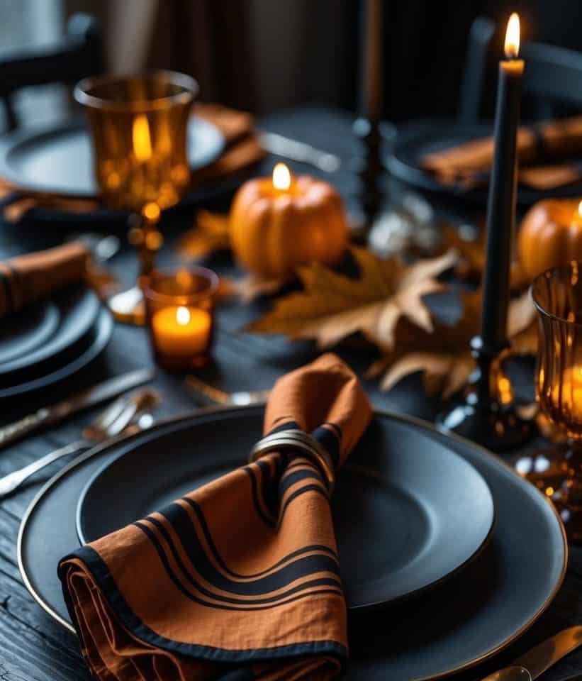 A dark table set with black plates, orange-striped napkins, silver cutlery, candles, small pumpkins, and autumn leaves, creating a seasonal, festive atmosphere.