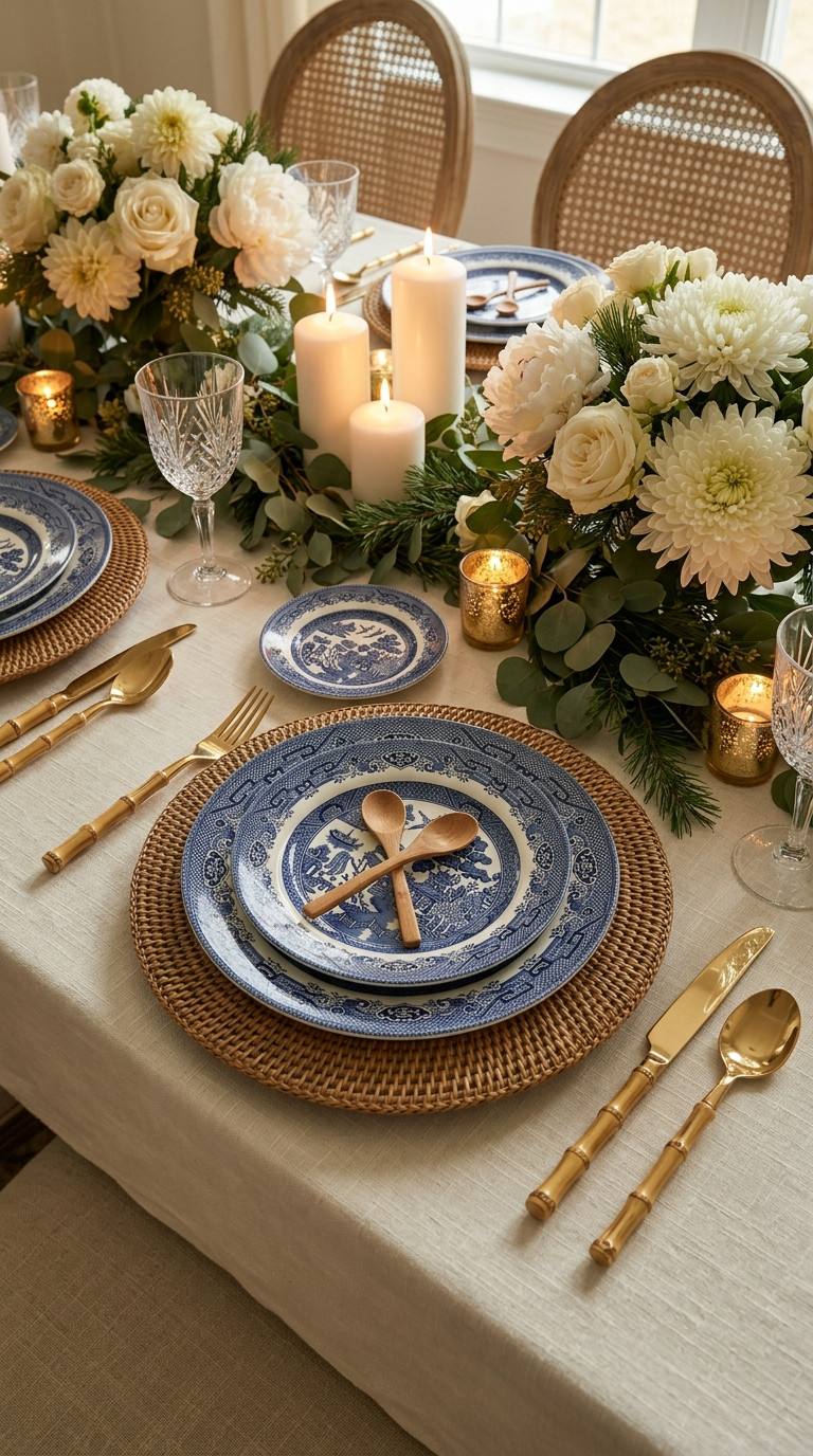 A dining table set with blue and white plates, woven chargers, gold flatware, crystal glasses, white flowers, greenery, and lit candles.