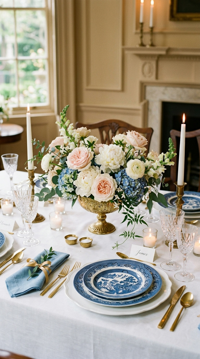 Elegant dining table set with blue and white plates, crystal glasses, gold cutlery, floral centerpiece, candles, and folded blue napkins in a well-lit, classic room.