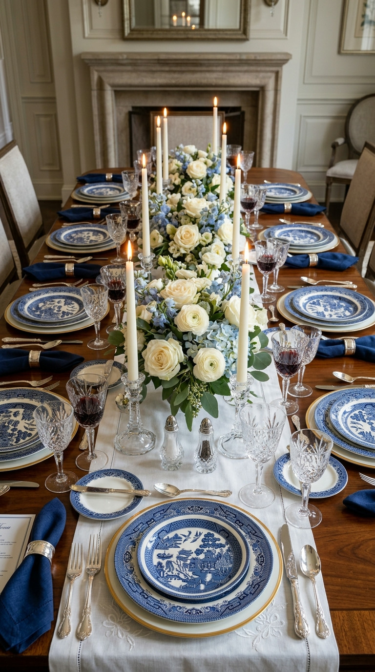 A formal dining table set with blue and white china, crystal glasses, navy napkins, white candles, and a floral centerpiece of white roses and blue flowers.