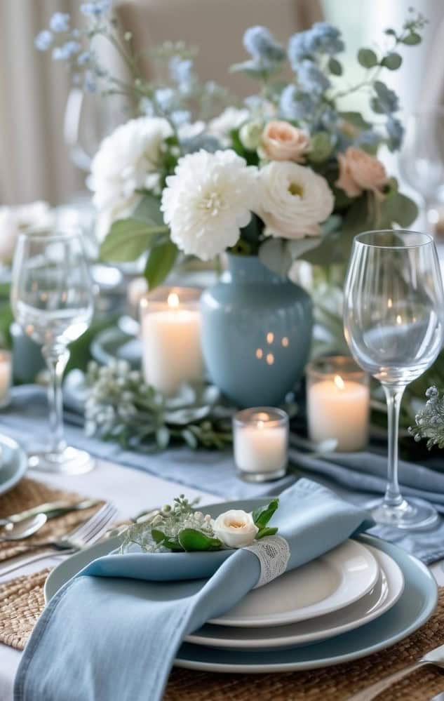 Elegant floral table centerpiece with white and blush flowers, candles, and soft blue accents for a sophisticated dining experience. Perfect for weddings or upscale gatherings.