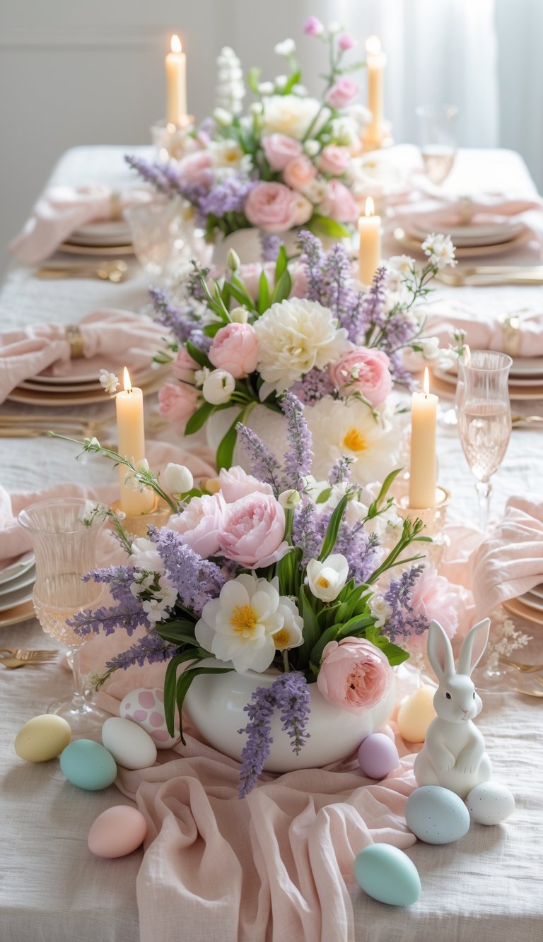 Elegant Easter table setting with pastel eggs, floral centerpieces in pink and lavender, candles, and a white ceramic bunny on a light pink tablecloth.