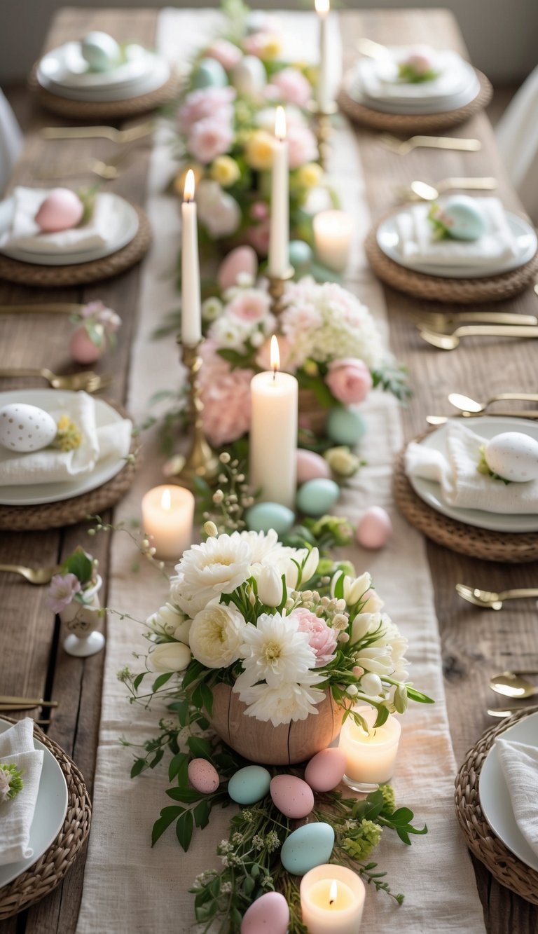 A wooden table is set for a meal with floral centerpieces, pastel-colored eggs, lit candles, plates, and gold cutlery arranged neatly.