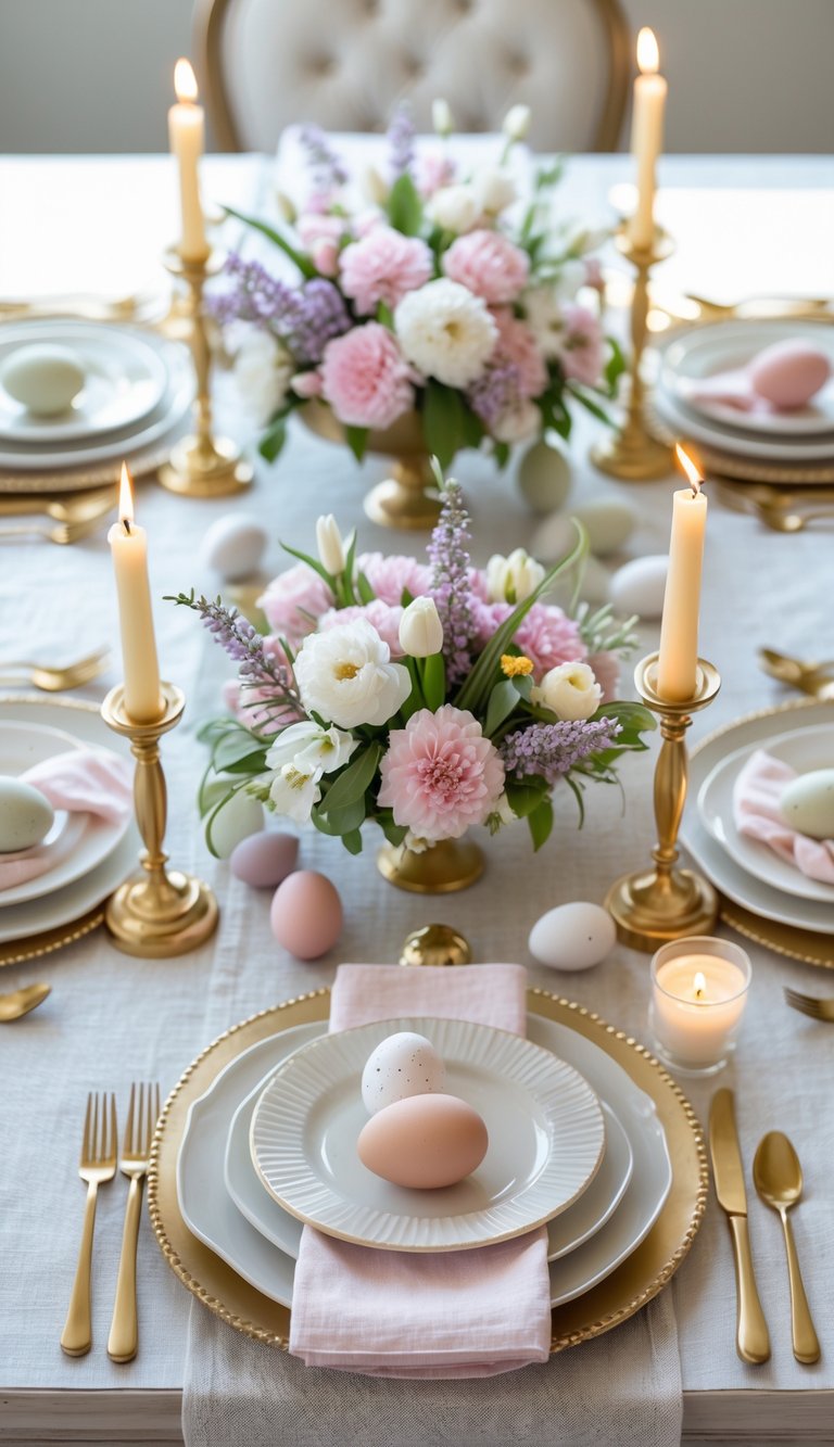 Elegant table setting with pastel-colored eggs, gold cutlery, white plates, pink napkins, lit candles, and floral centerpieces featuring pink and white flowers.