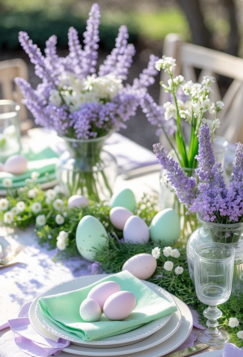A spring-themed table setting with pastel-colored eggs, green napkins on white plates, and glass vases filled with purple and white flowers.