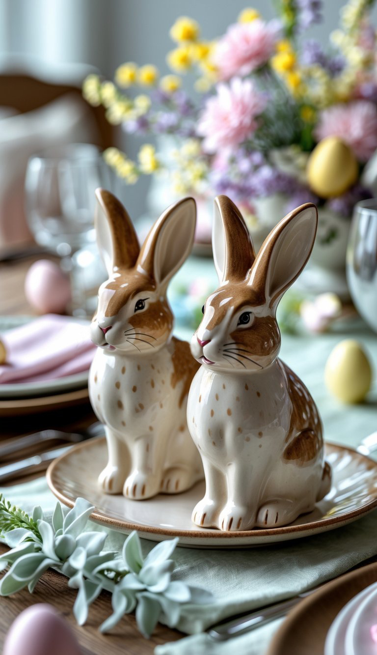 Two ceramic rabbit figurines sit on a plate at a decorated table with pastel Easter eggs, flowers, and glassware in the background.
