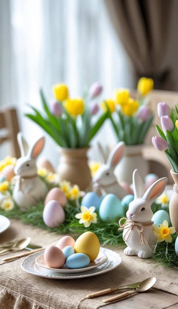 A decorated table with pastel-colored eggs, ceramic bunny figurines, and vases of yellow and purple tulips, arranged for a spring or Easter celebration.